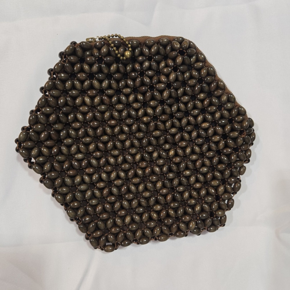 Vintage Czech Wooden Bead Coin Purse Brown Hexagon Art Deco Czechoslovakia